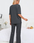 Dark Slate Gray Slit Round Neck Top and Pants Lounge Set