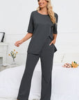 Dark Slate Gray Slit Round Neck Top and Pants Lounge Set