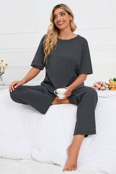 Dark Slate Gray Slit Round Neck Top and Pants Lounge Set