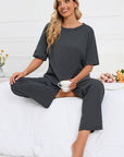 Dark Slate Gray Slit Round Neck Top and Pants Lounge Set