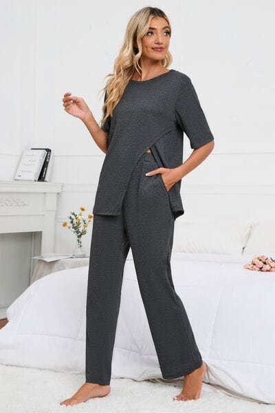 Dark Slate Gray Slit Round Neck Top and Pants Lounge Set