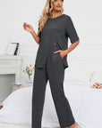 Dark Slate Gray Slit Round Neck Top and Pants Lounge Set