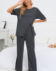 Dark Slate Gray Slit Round Neck Top and Pants Lounge Set