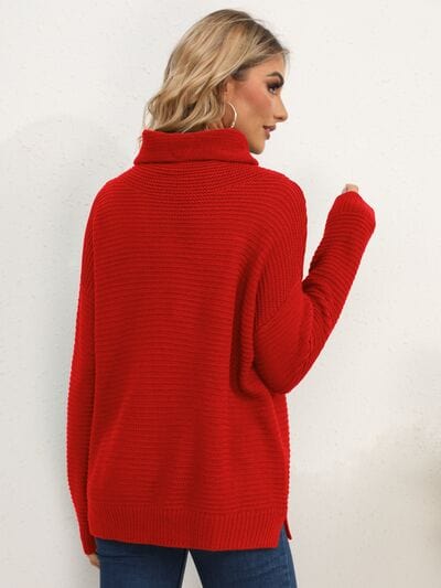 Firebrick Slit Turtleneck Dropped Shoulder Sweater