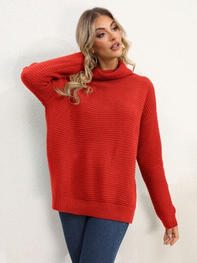 Firebrick Slit Turtleneck Dropped Shoulder Sweater