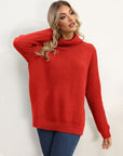 Firebrick Slit Turtleneck Dropped Shoulder Sweater