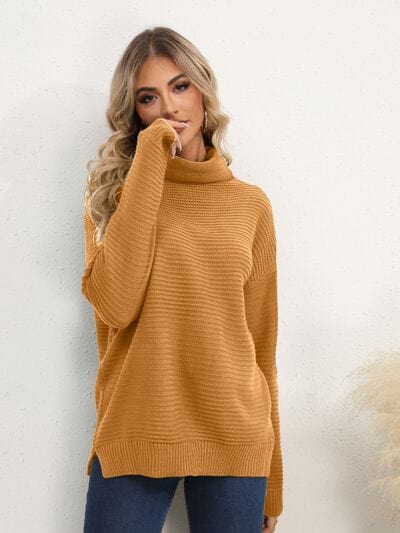 Light Gray Slit Turtleneck Dropped Shoulder Sweater