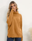 Light Gray Slit Turtleneck Dropped Shoulder Sweater