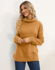 Beige Slit Turtleneck Dropped Shoulder Sweater