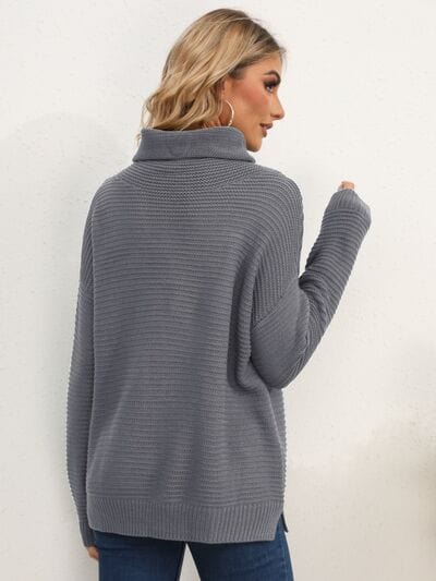 Light Gray Slit Turtleneck Dropped Shoulder Sweater