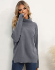 Dark Slate Gray Slit Turtleneck Dropped Shoulder Sweater