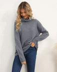 Dark Slate Gray Slit Turtleneck Dropped Shoulder Sweater