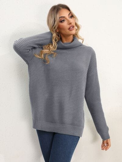 Light Gray Slit Turtleneck Dropped Shoulder Sweater