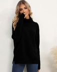 Light Gray Slit Turtleneck Dropped Shoulder Sweater