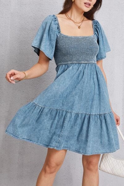 Dark Gray Smocked Square Neck Mini Denim Dress