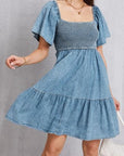 Dark Gray Smocked Square Neck Mini Denim Dress