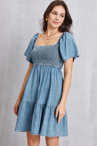 Gray Smocked Square Neck Mini Denim Dress