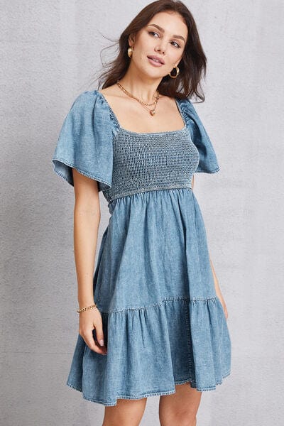 Gray Smocked Square Neck Mini Denim Dress