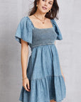 Gray Smocked Square Neck Mini Denim Dress