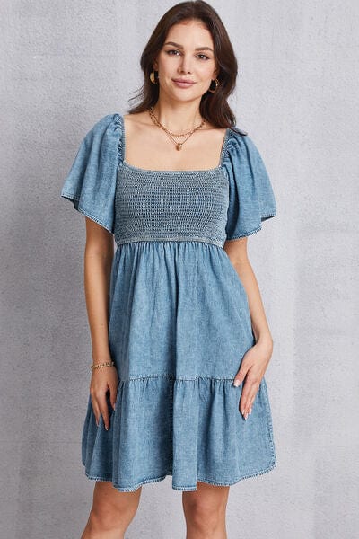 Gray Smocked Square Neck Mini Denim Dress