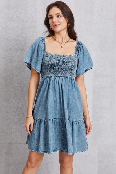 Gray Smocked Square Neck Mini Denim Dress