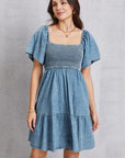 Gray Smocked Square Neck Mini Denim Dress