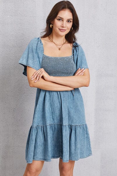 Gray Smocked Square Neck Mini Denim Dress