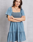 Gray Smocked Square Neck Mini Denim Dress