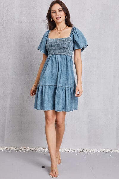 Gray Smocked Square Neck Mini Denim Dress