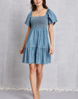 Gray Smocked Square Neck Mini Denim Dress