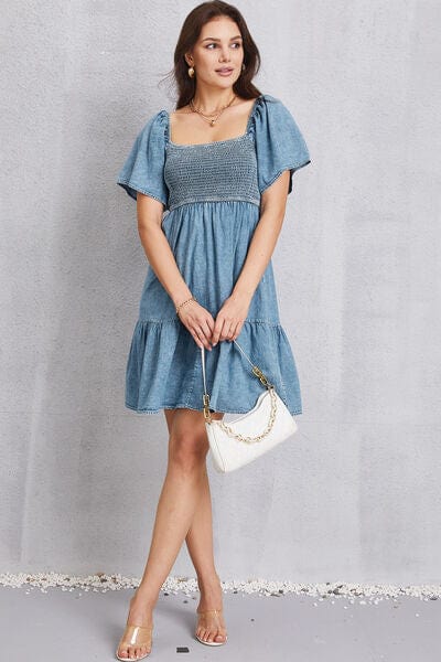 Gray Smocked Square Neck Mini Denim Dress