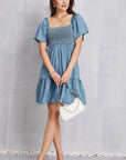 Gray Smocked Square Neck Mini Denim Dress