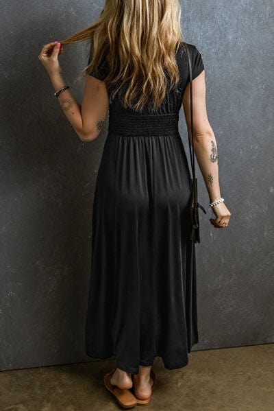 Dark Slate Gray Smocked V-Neck Short Sleeve Dress