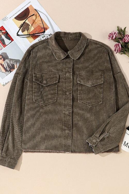 Dark Olive Green Snap Down Pocketed Collared Neck Jacket