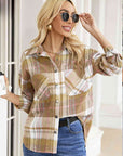 Light Gray Snap Up Plaid Collared Neck Jacket with Pocket