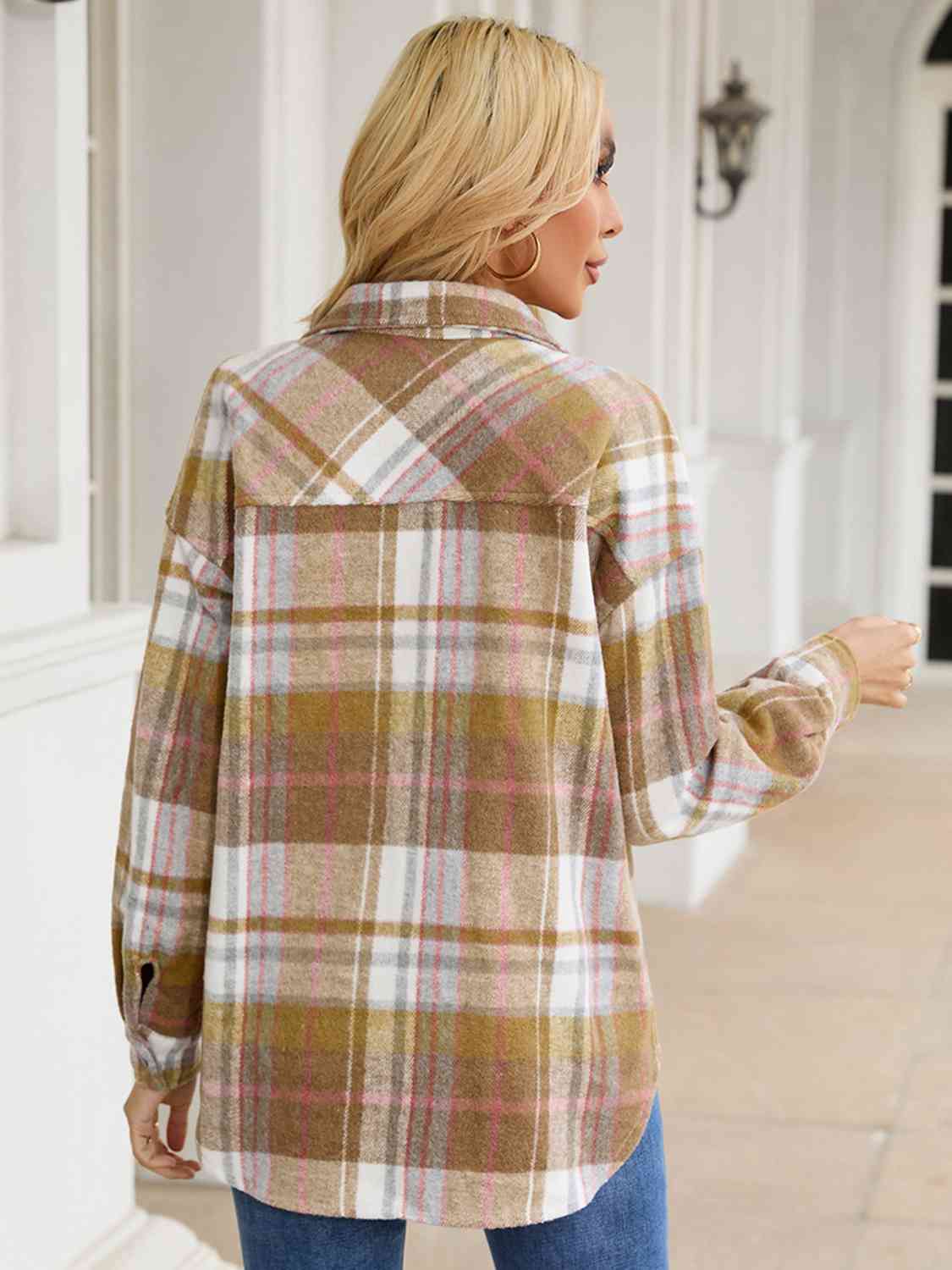 Gray Snap Up Plaid Collared Neck Jacket with Pocket