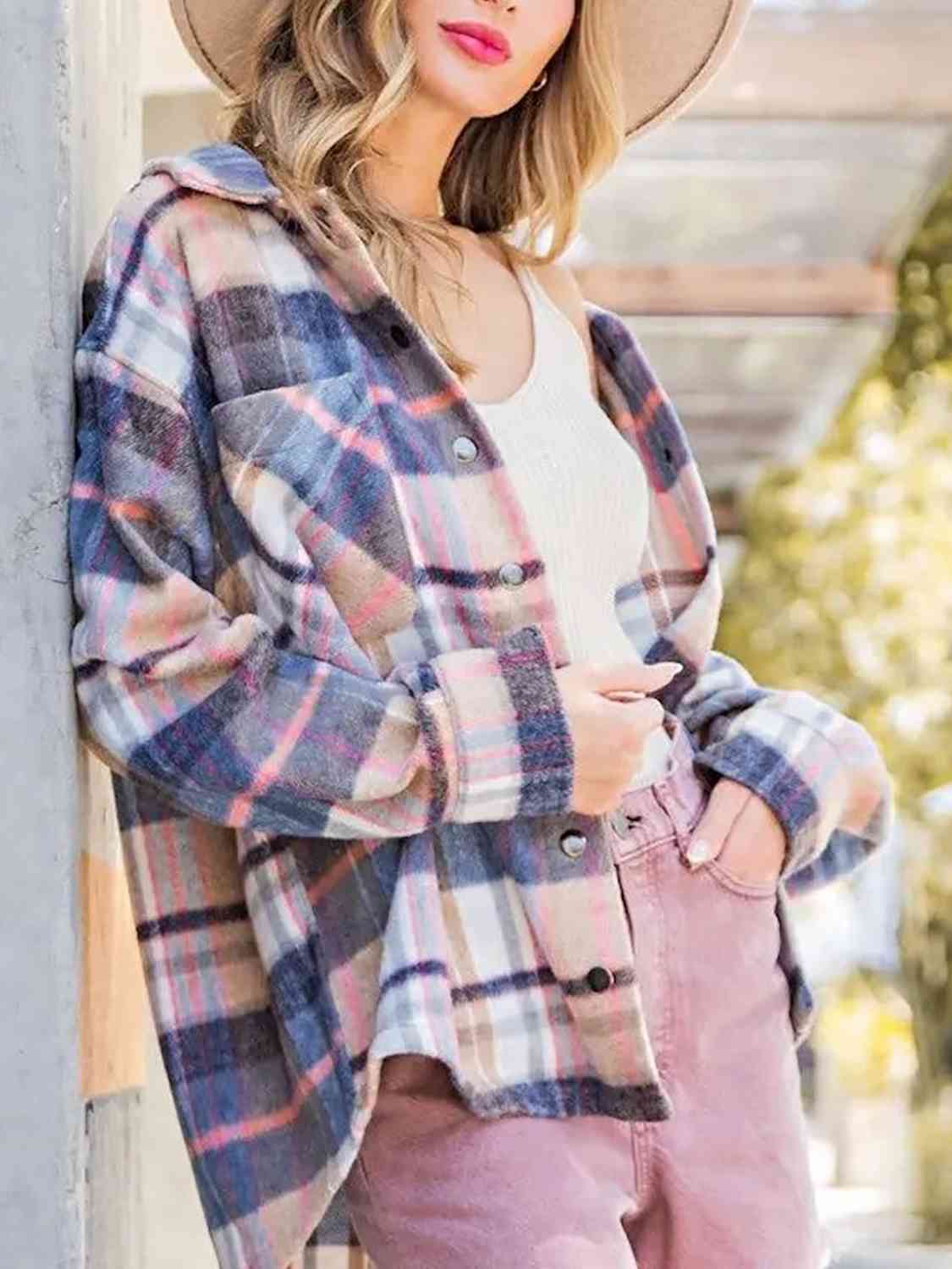 Gray Snap Up Plaid Collared Neck Jacket with Pocket