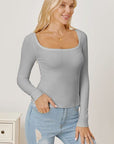 Gray Square Neck Long Sleeve T-Shirt