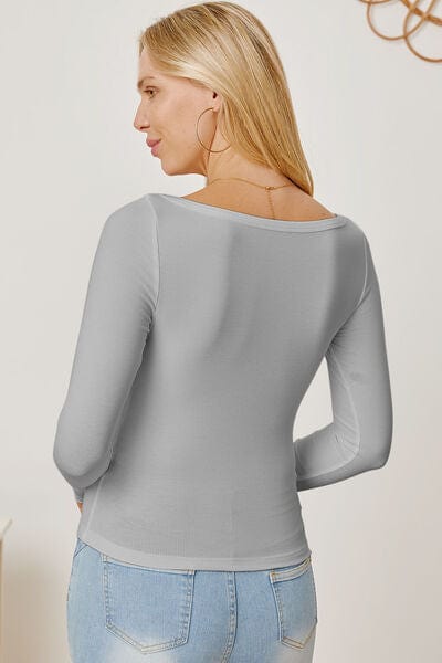 Gray Square Neck Long Sleeve T-Shirt