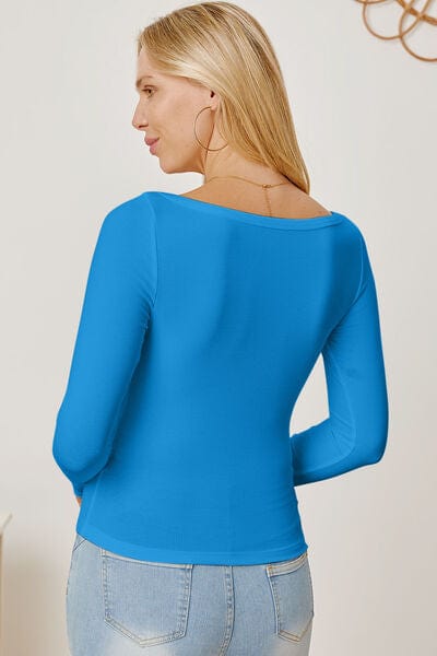 Steel Blue Square Neck Long Sleeve T-Shirt