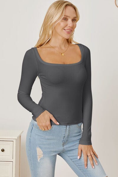 Light Gray Square Neck Long Sleeve T-Shirt