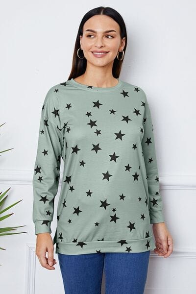 Light Gray Star Print Round Neck Dropped Shoulder Sweatshirt