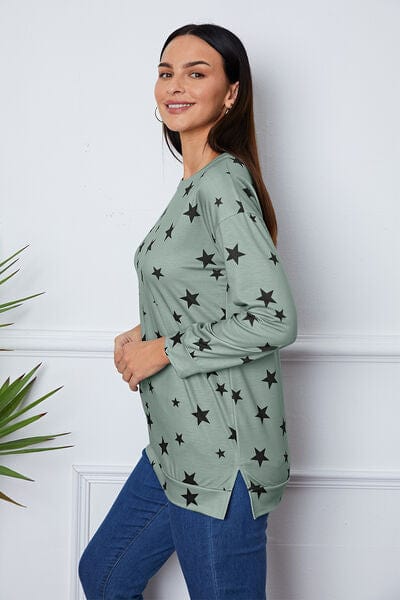 Light Gray Star Print Round Neck Dropped Shoulder Sweatshirt