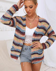 Light Gray Striped Long Sleeve Open Front Cardigan