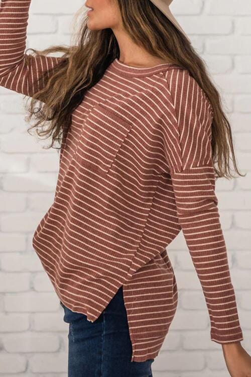 Tan Striped Round Neck Long Sleeve Slit T-Shirt