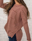 Tan Striped Round Neck Long Sleeve Slit T-Shirt