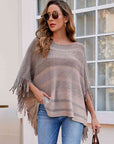 Dark Gray Striped Boat Neck Poncho with Fringes