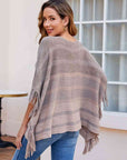 Gray Striped Boat Neck Poncho with Fringes