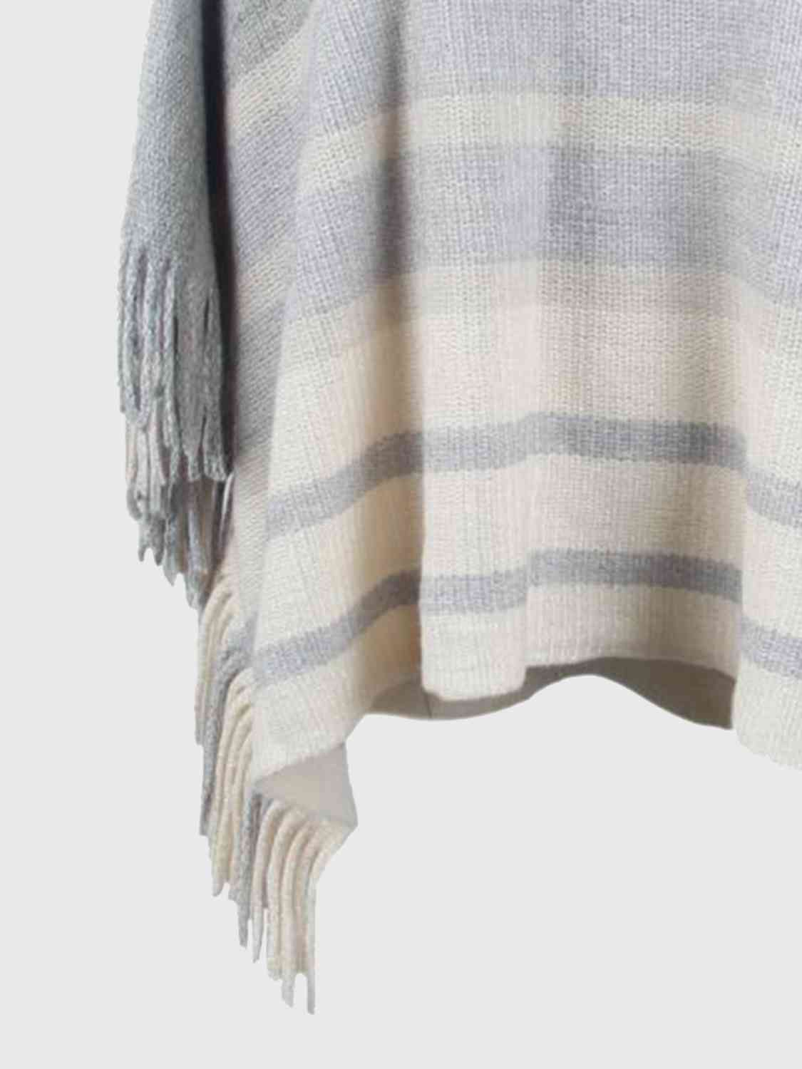 Light Gray Striped Boat Neck Poncho with Fringes