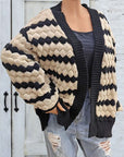 Gray Striped Contrast Open Front Long Sleeve Cardigan